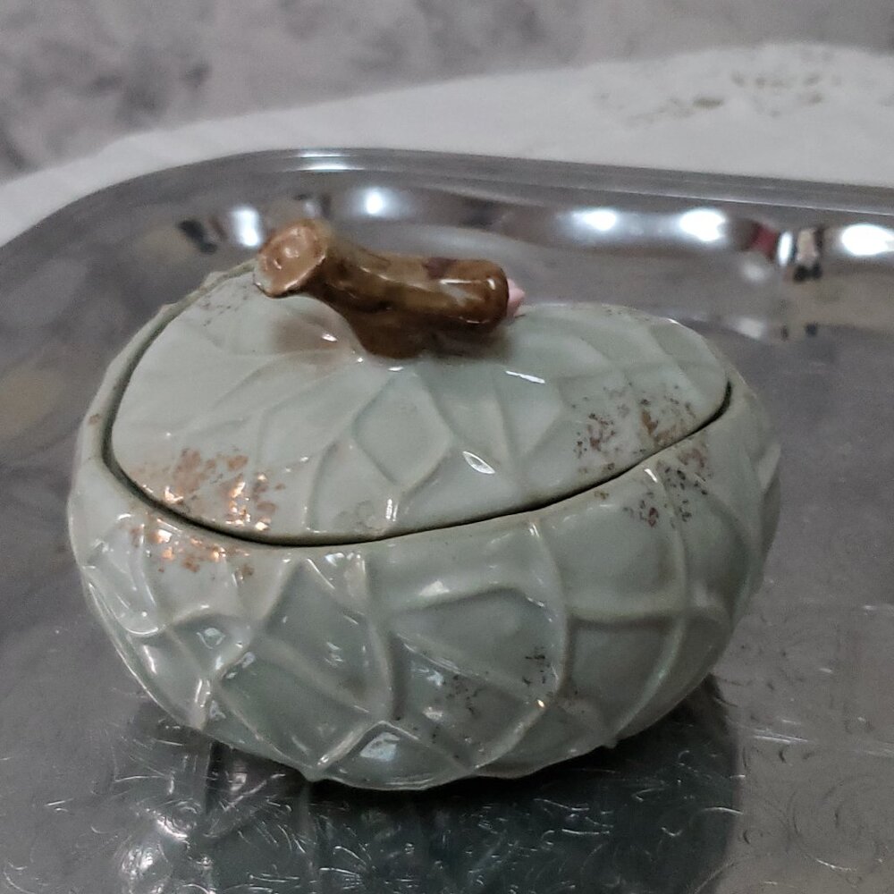 Vintage Whimsical Cottagecore Abstract Porcelain Trinket Box Green Gold Pink